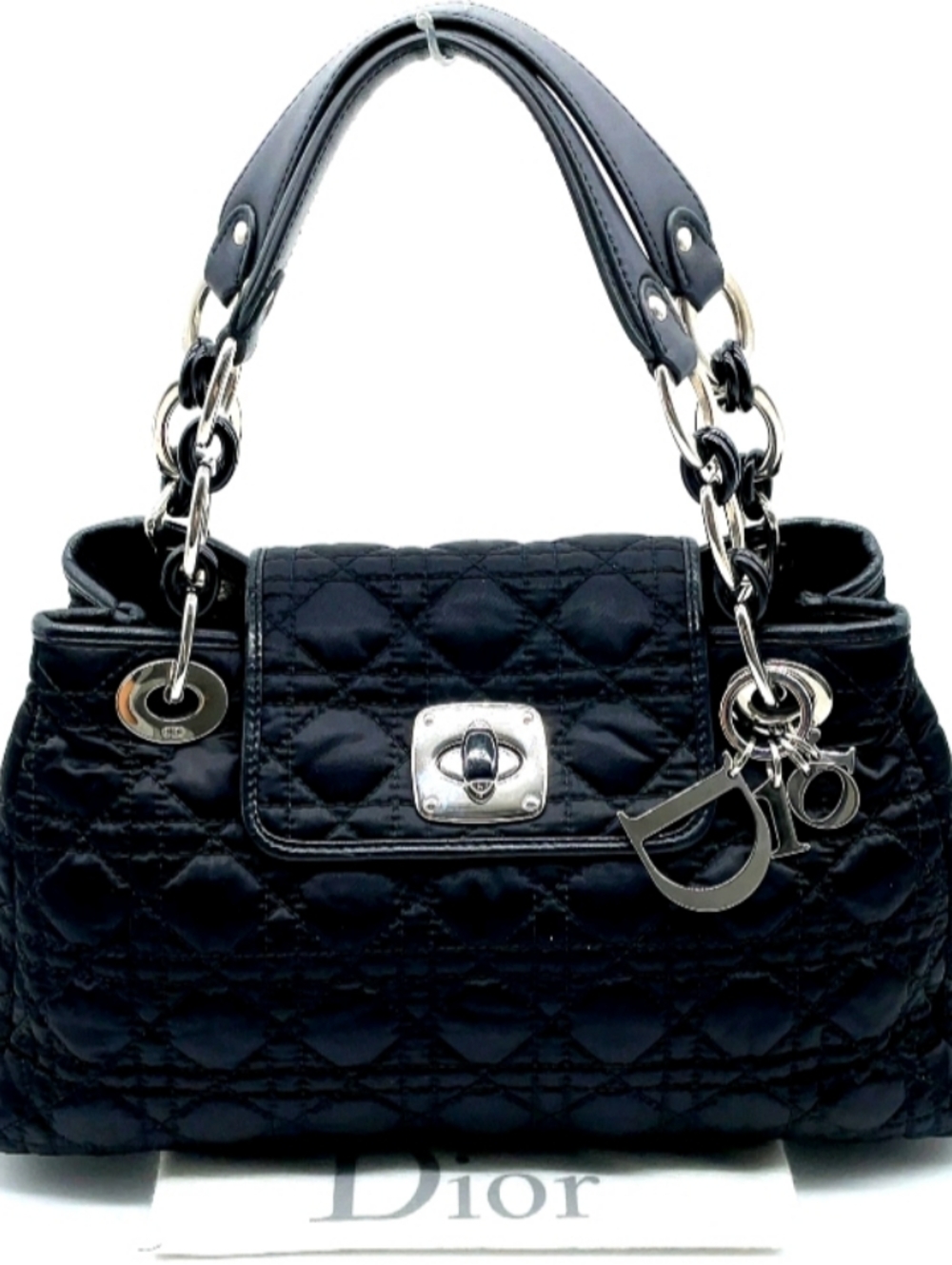 SALE! Auth Christian Dior Cannage Turnlock Black Nylon Chain Handbag W/DB/Charm
